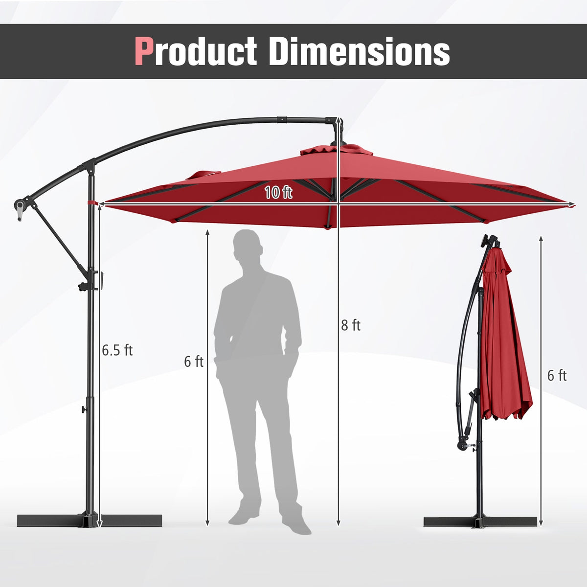 10 Feet Offset Hanging Umbrella, With Base And Tilt, Wine Outdoor Umbrellas at Gallery Canada