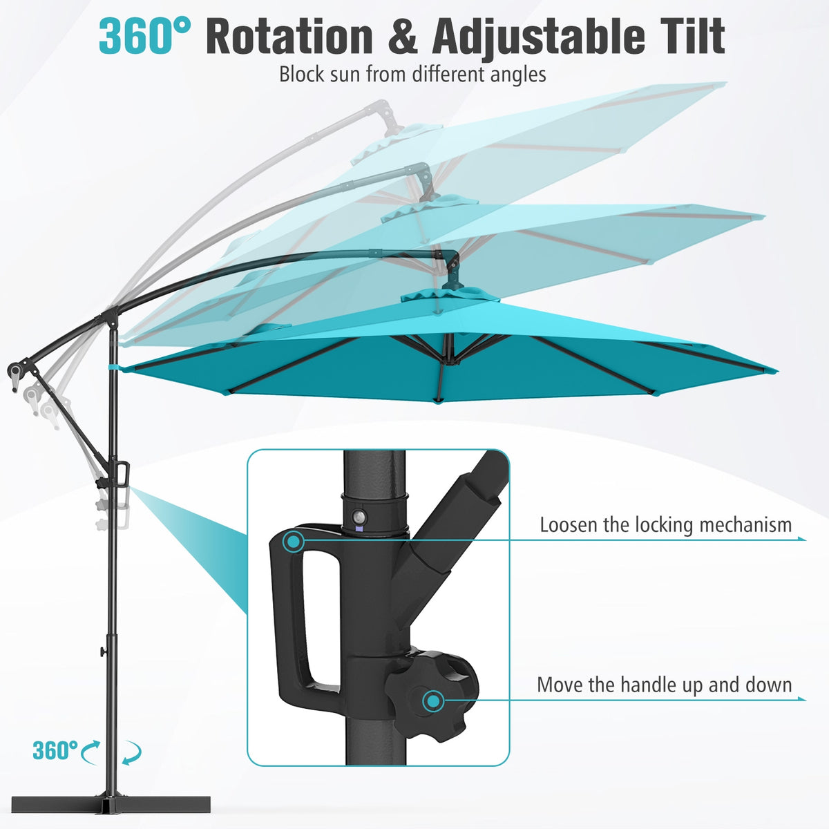 10 Feet Offset Hanging Umbrella, With Base And Tilt, Turquoise Outdoor Umbrellas at Gallery Canada