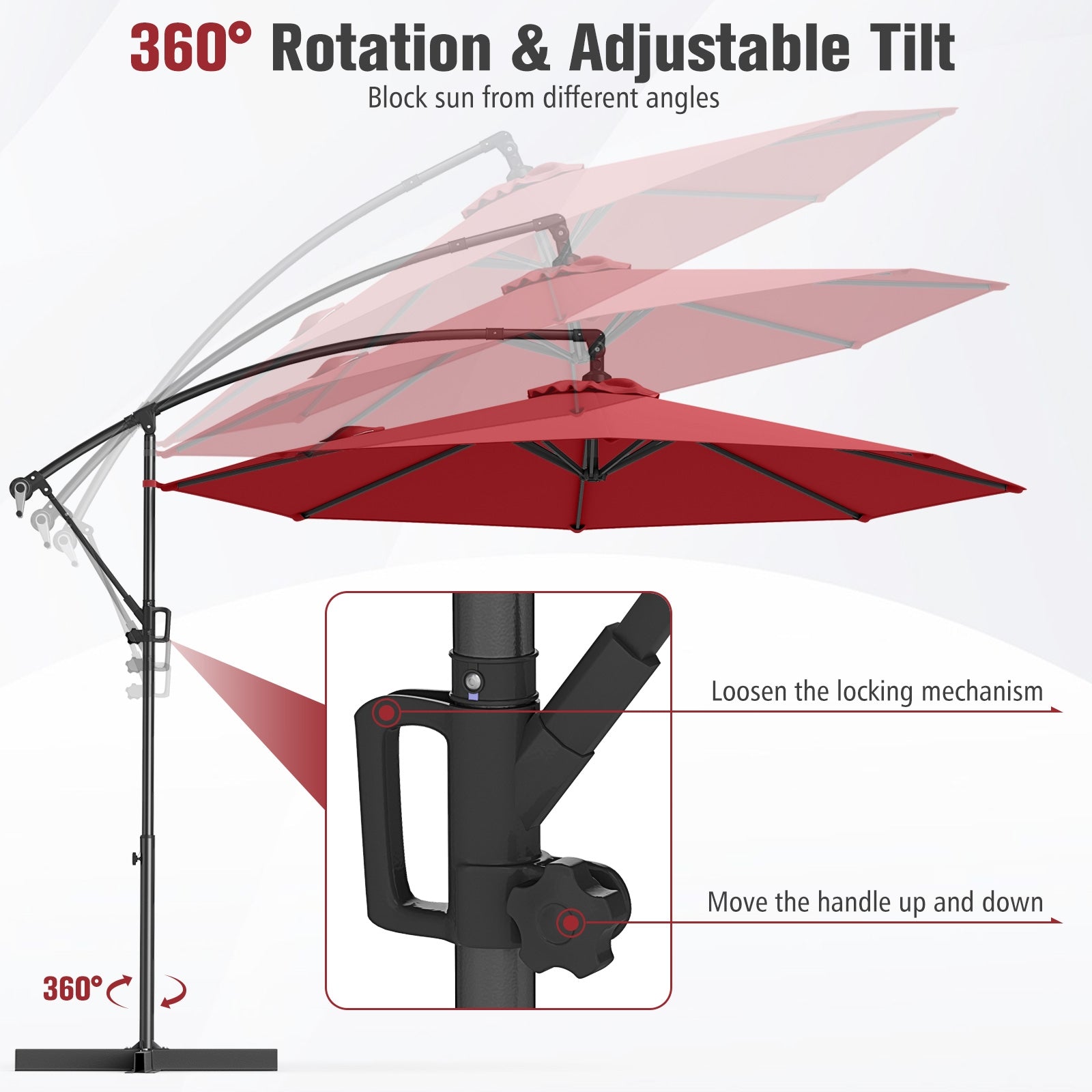 10 Feet Offset Hanging Umbrella, With Base And Tilt, Wine Outdoor Umbrellas at Gallery Canada