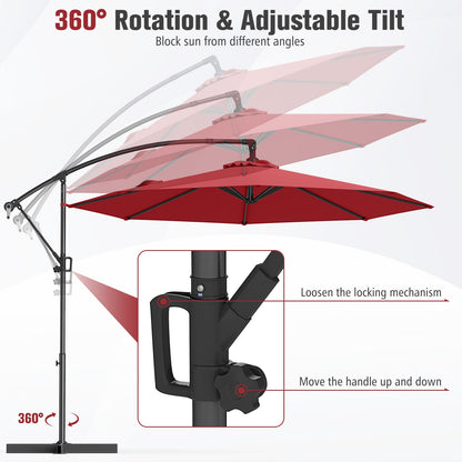10 Feet Offset Hanging Umbrella, With Base And Tilt, Wine Outdoor Umbrellas at Gallery Canada