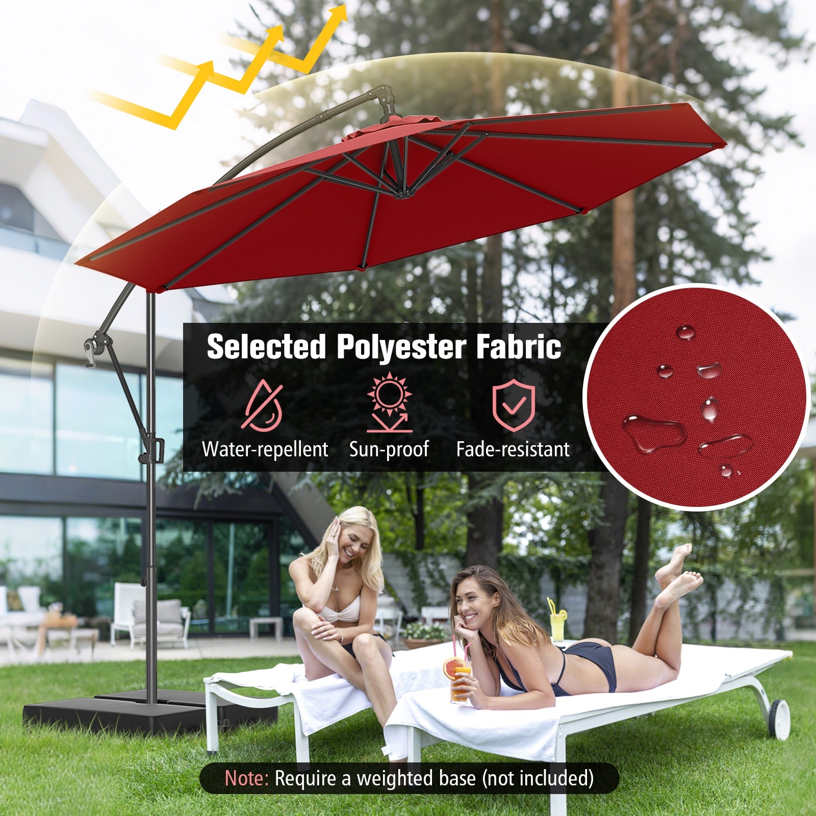 10 Feet Offset Hanging Umbrella, With Base And Tilt, Wine Outdoor Umbrellas at Gallery Canada