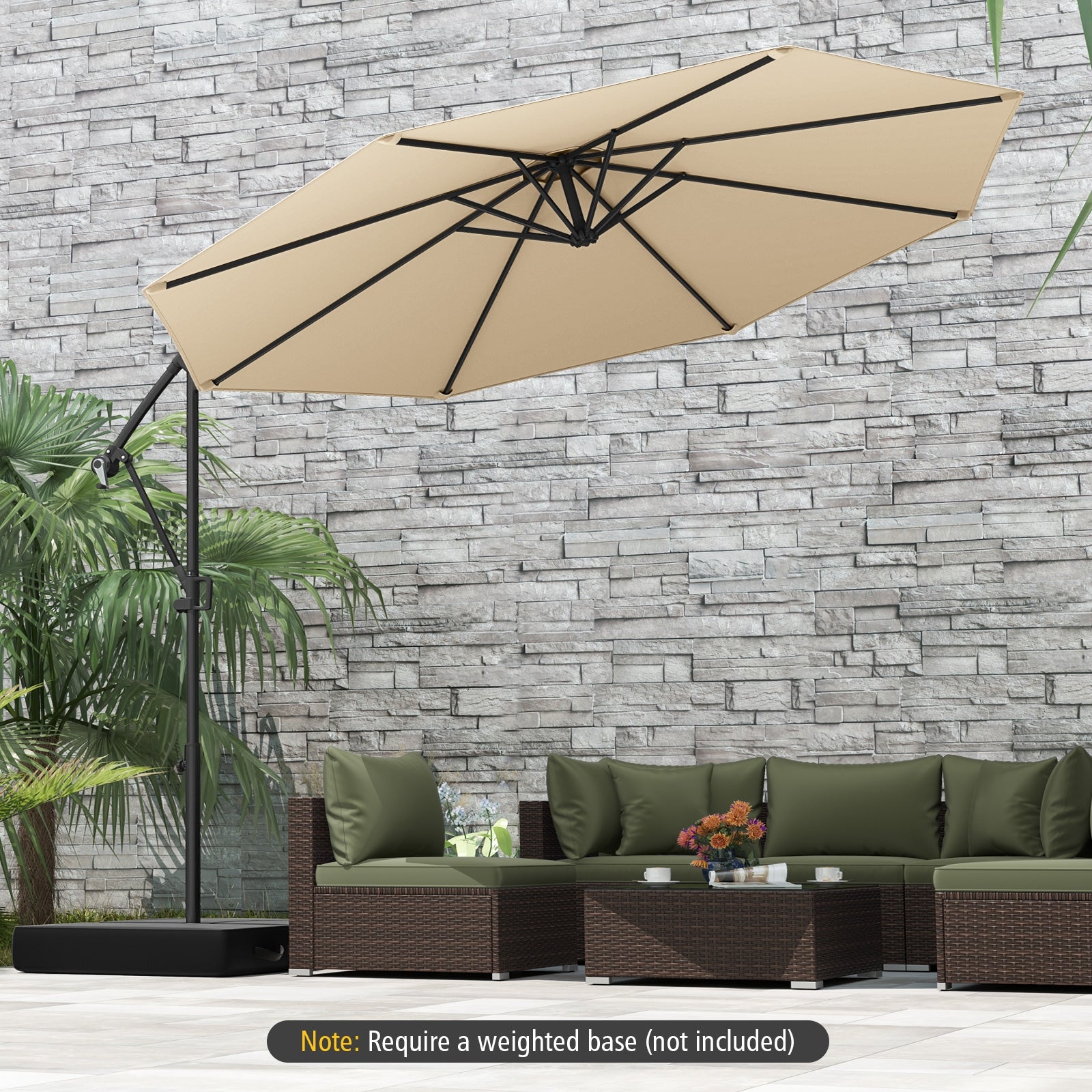 10 Feet Offset Hanging Umbrella, With Base And Infinite Tilt, Beige Outdoor Umbrellas at Gallery Canada