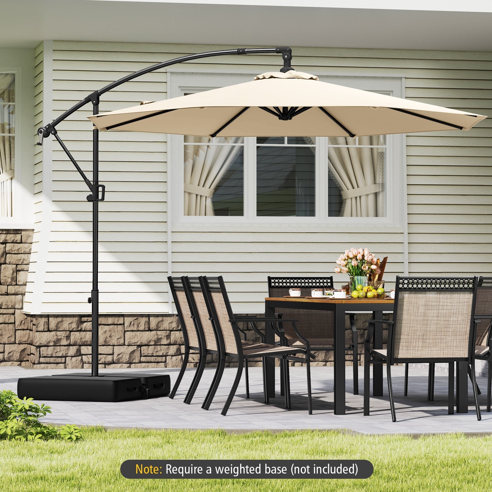 10 Feet Offset Hanging Umbrella, With Base And Infinite Tilt, Beige Outdoor Umbrellas at Gallery Canada