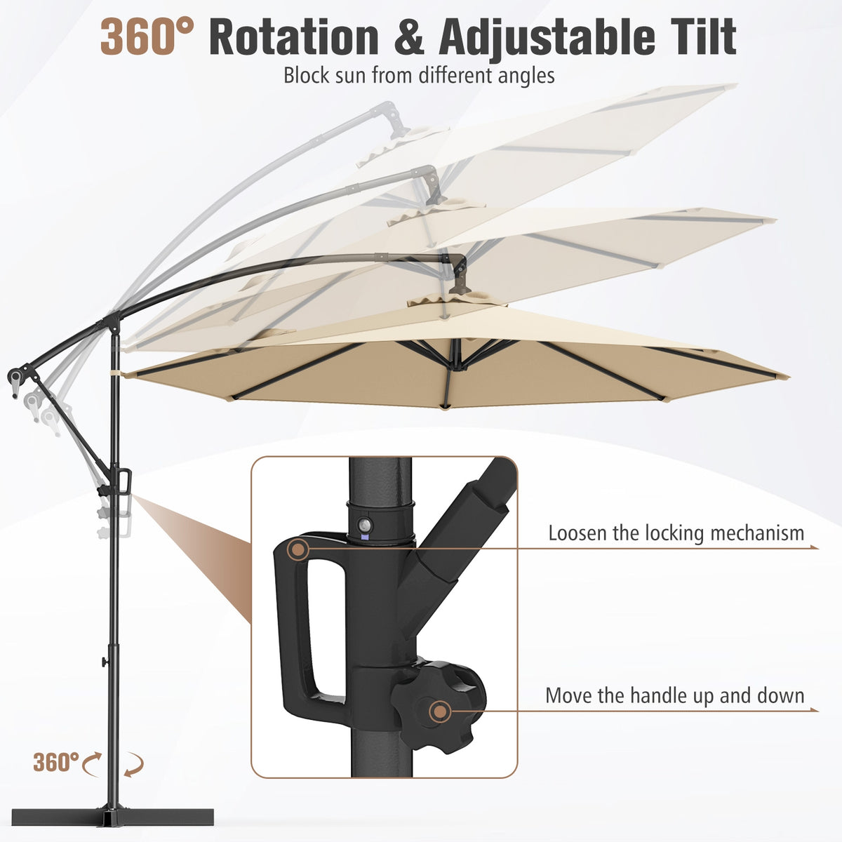 10 Feet Offset Hanging Umbrella, With Base And Infinite Tilt, Beige Outdoor Umbrellas at Gallery Canada