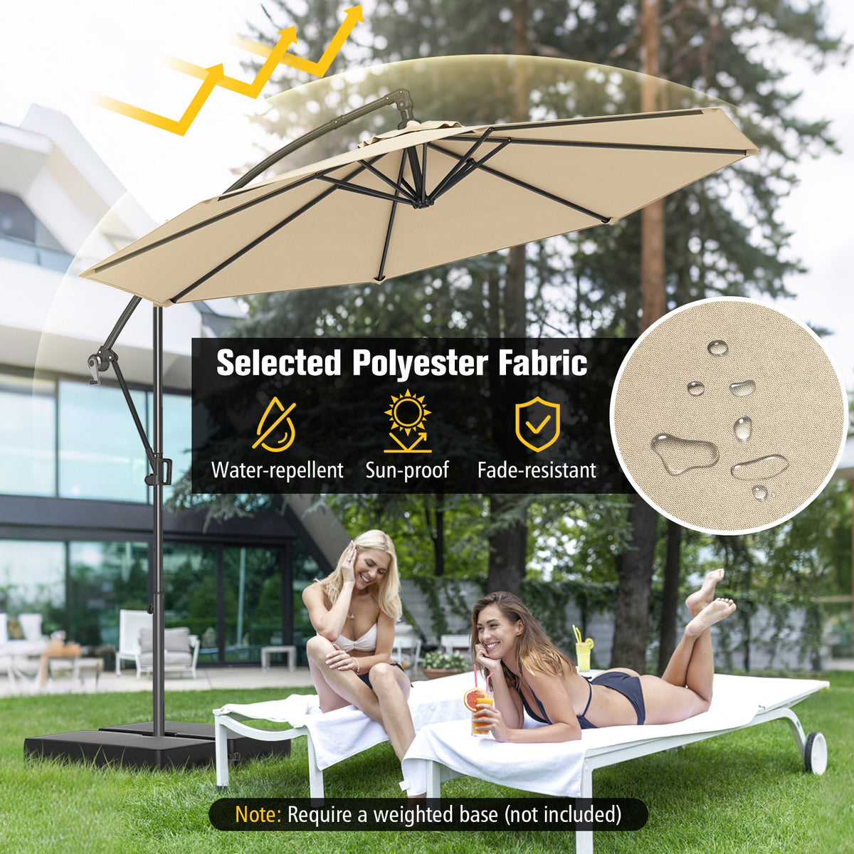 10 Feet Offset Hanging Umbrella, With Base And Infinite Tilt, Beige Outdoor Umbrellas at Gallery Canada