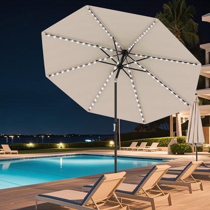 10 Feet Solar Patio Umbrella, 96 LED Lights, Tilt Adjustment, Beige Outdoor Umbrellas at Gallery Canada