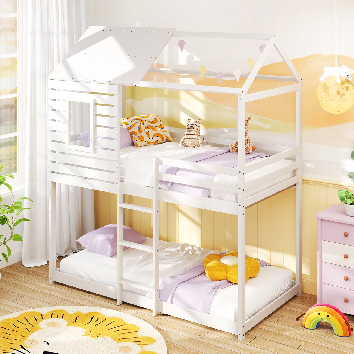 Twin Over Twin Bunk Bed With Roof, Guardrails, White Bunk Bed Frame at Gallery Canada