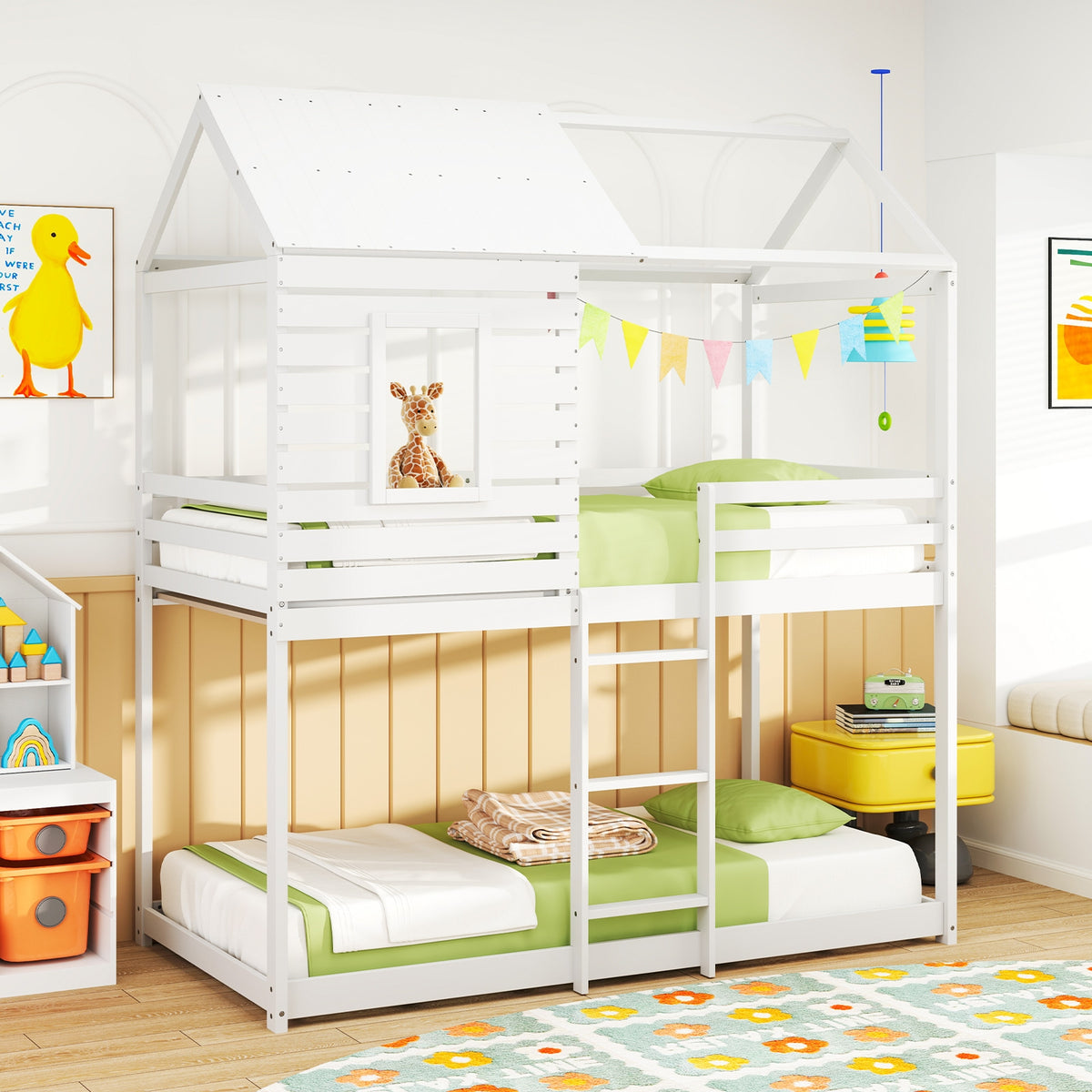 Twin Over Twin Bunk Bed With Roof, Guardrails, White Bunk Bed Frame at Gallery Canada