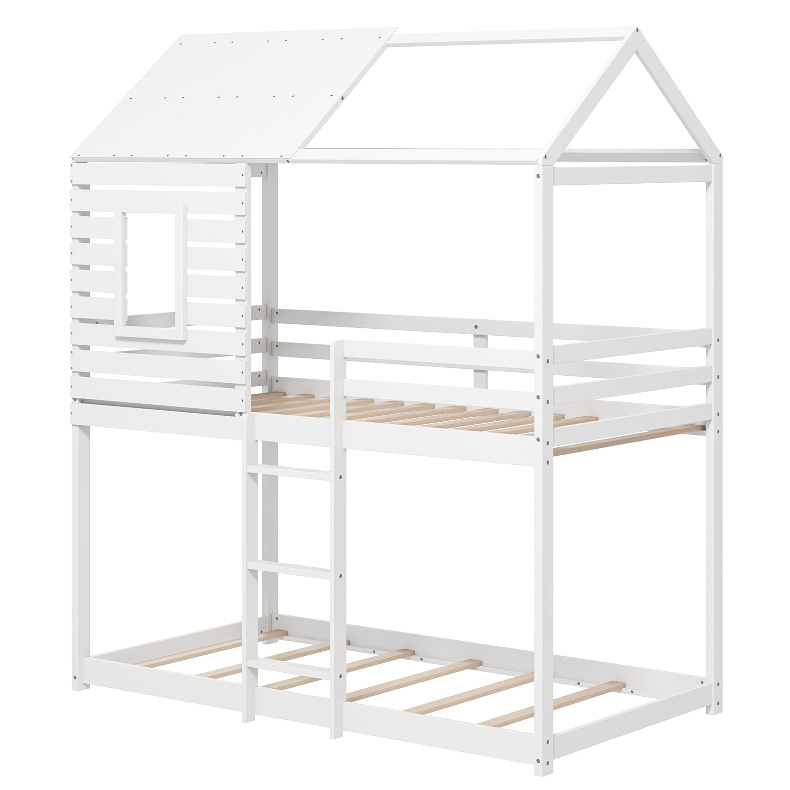 Twin Over Twin Bunk Bed With Roof, Guardrails, White Bunk Bed Frame at Gallery Canada