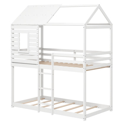 Twin Over Twin Bunk Bed With Roof, Guardrails, White Bunk Bed Frame at Gallery Canada