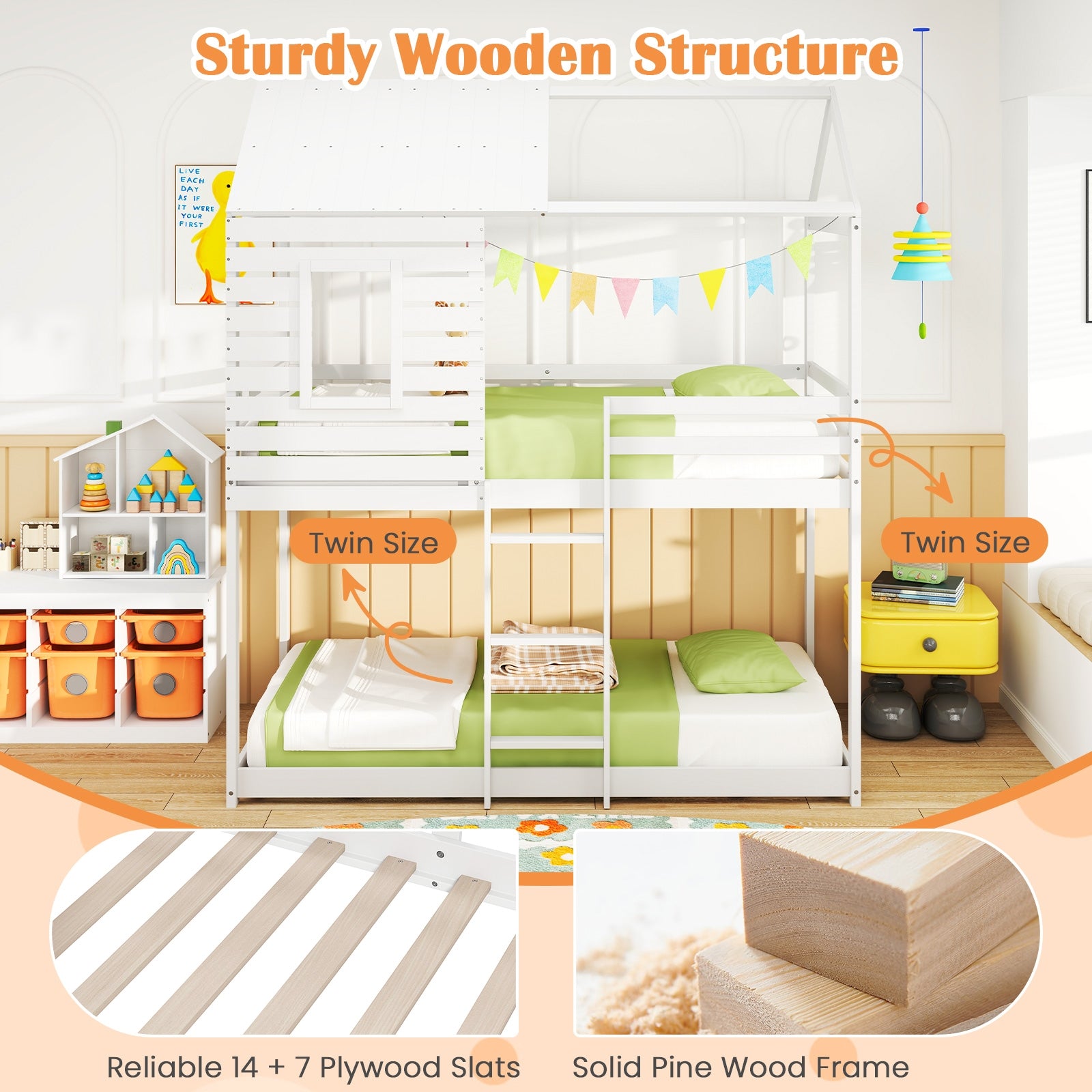 Twin Over Twin Bunk Bed With Roof, Guardrails, White Bunk Bed Frame at Gallery Canada