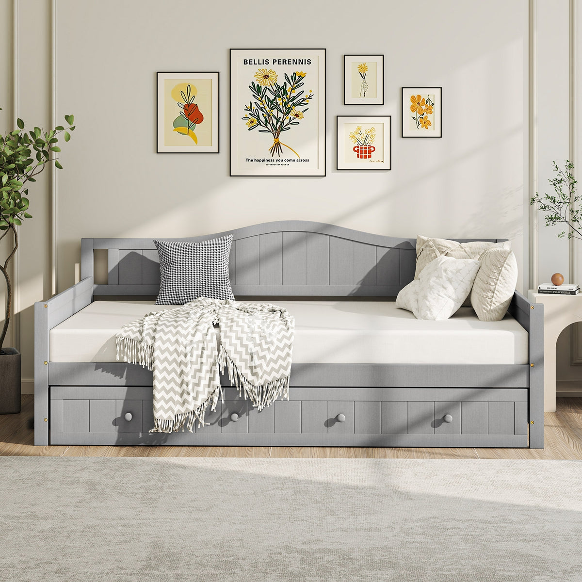 Twin Size Daybed With Trundle, Slats Support, Gray Trundle Bed Frame at Gallery Canada