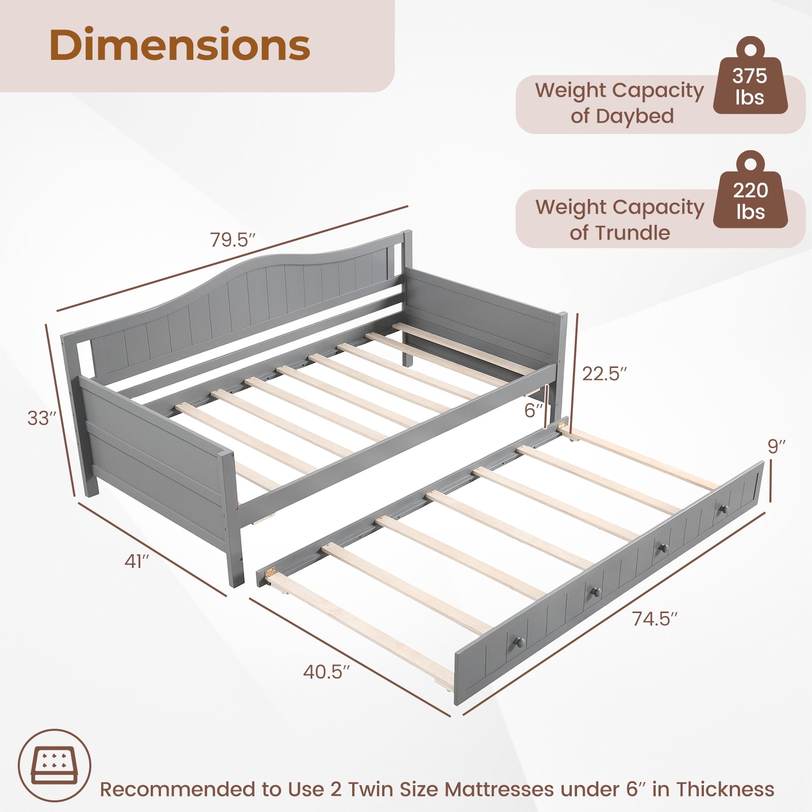 Twin Size Daybed With Trundle, Slats Support, Gray Trundle Bed Frame at Gallery Canada