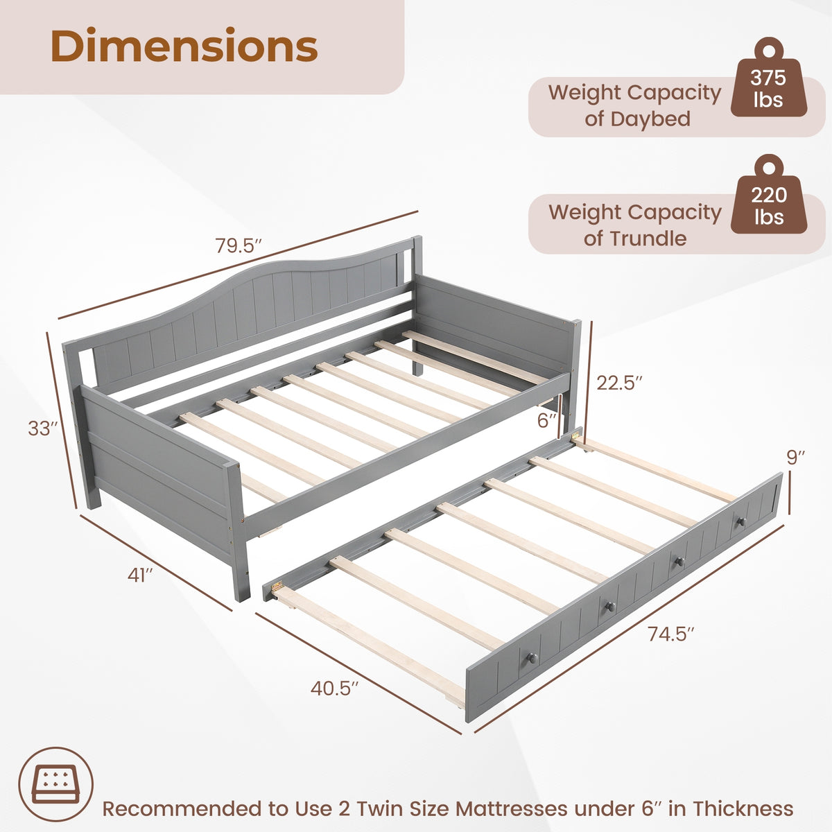 Twin Size Daybed With Trundle, Slats Support, Gray Trundle Bed Frame at Gallery Canada