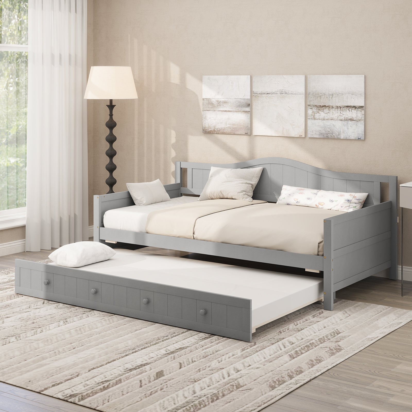 Twin Size Daybed With Trundle, Slats Support, Gray Trundle Bed Frame at Gallery Canada