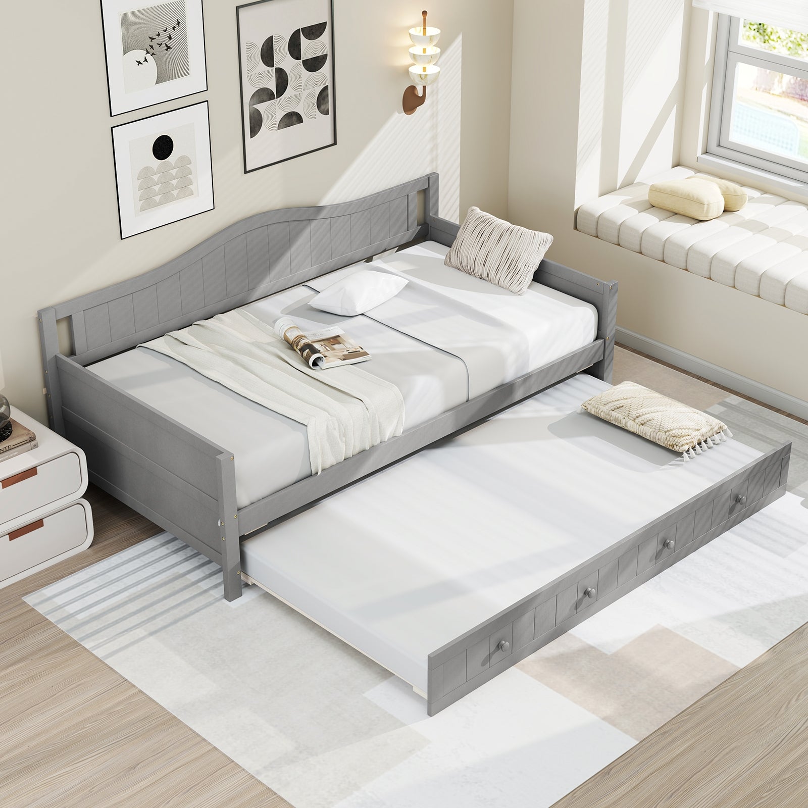 Twin Size Daybed With Trundle, Slats Support, Gray Trundle Bed Frame at Gallery Canada