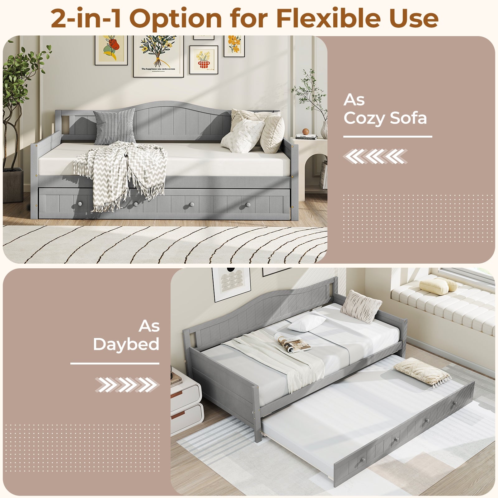 Twin Size Daybed With Trundle, Slats Support, Gray Trundle Bed Frame at Gallery Canada