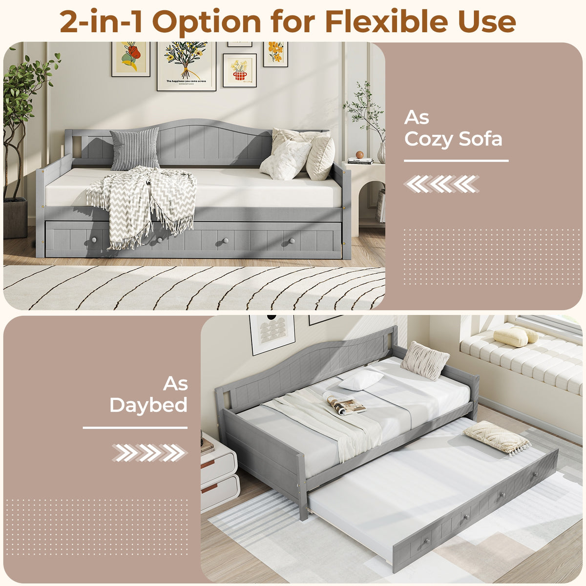 Twin Size Daybed With Trundle, Slats Support, Gray Trundle Bed Frame at Gallery Canada