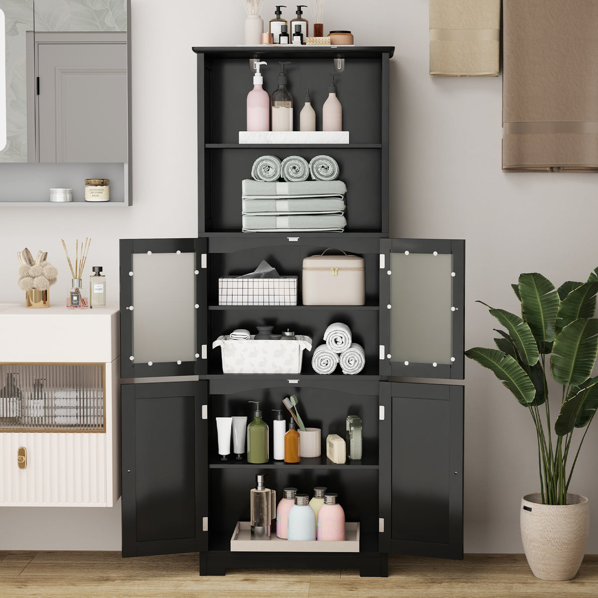 6-Tier Freestanding Bathroom Cabinet, Adjustable Shelves, Black Floor Cabinets at Gallery Canada