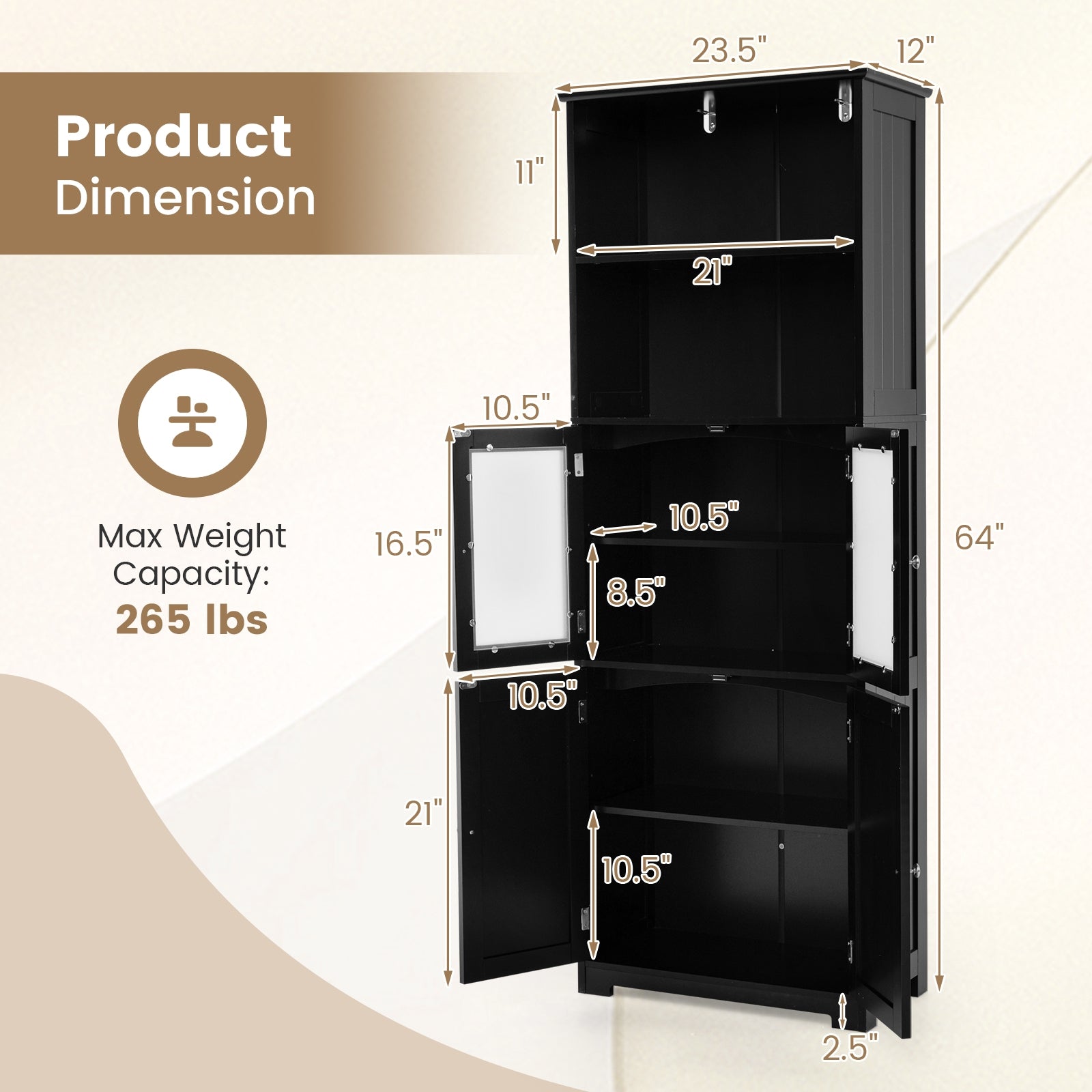 6-Tier Freestanding Bathroom Cabinet, Adjustable Shelves, Black Floor Cabinets at Gallery Canada