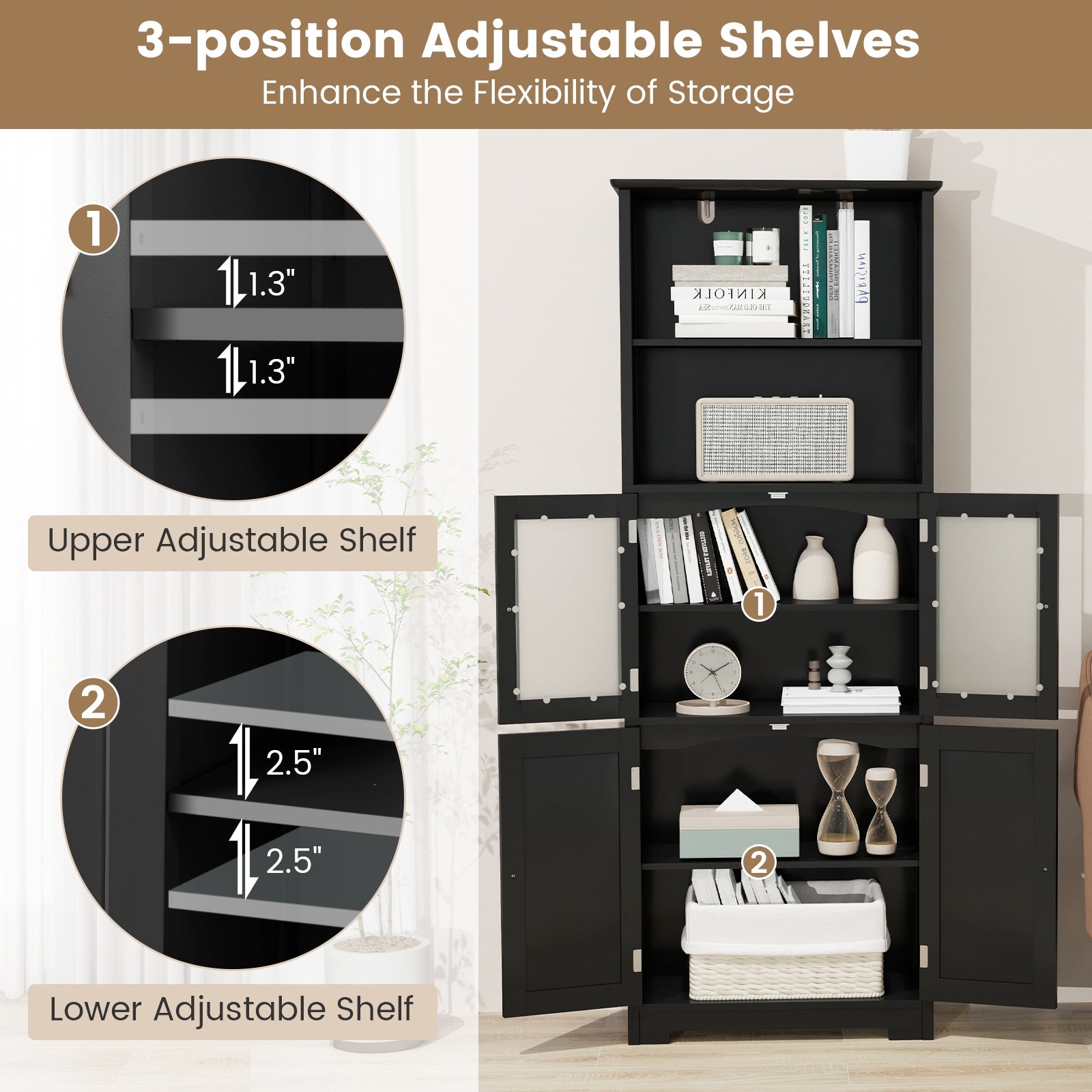 6-Tier Freestanding Bathroom Cabinet, Adjustable Shelves, Black Floor Cabinets at Gallery Canada