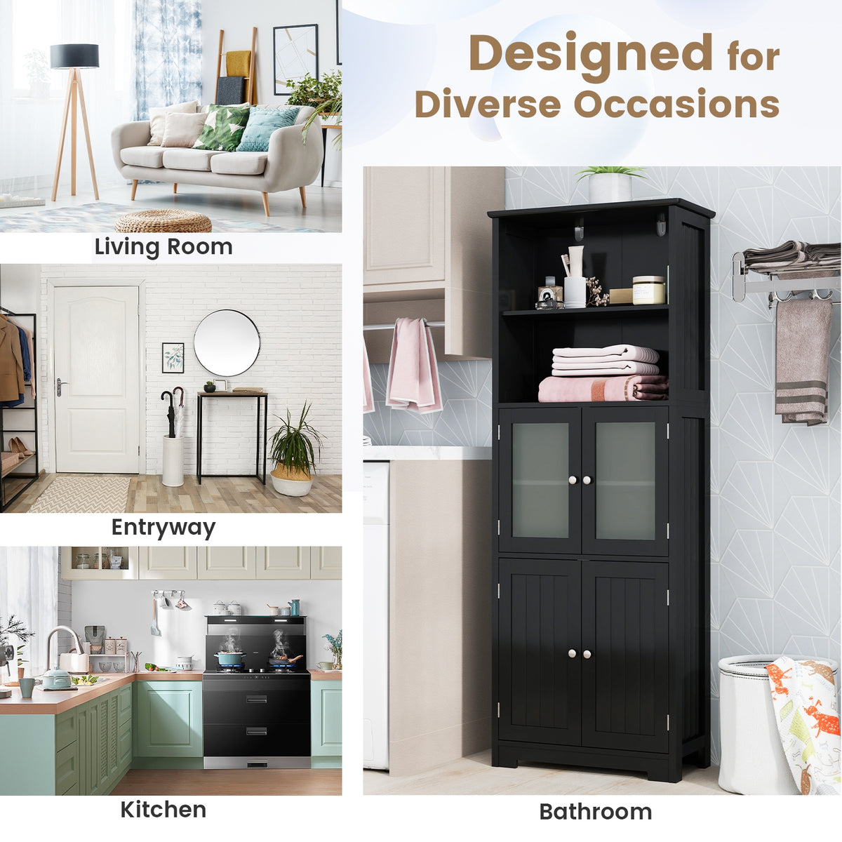 6-Tier Freestanding Bathroom Cabinet, Adjustable Shelves, Black Floor Cabinets at Gallery Canada