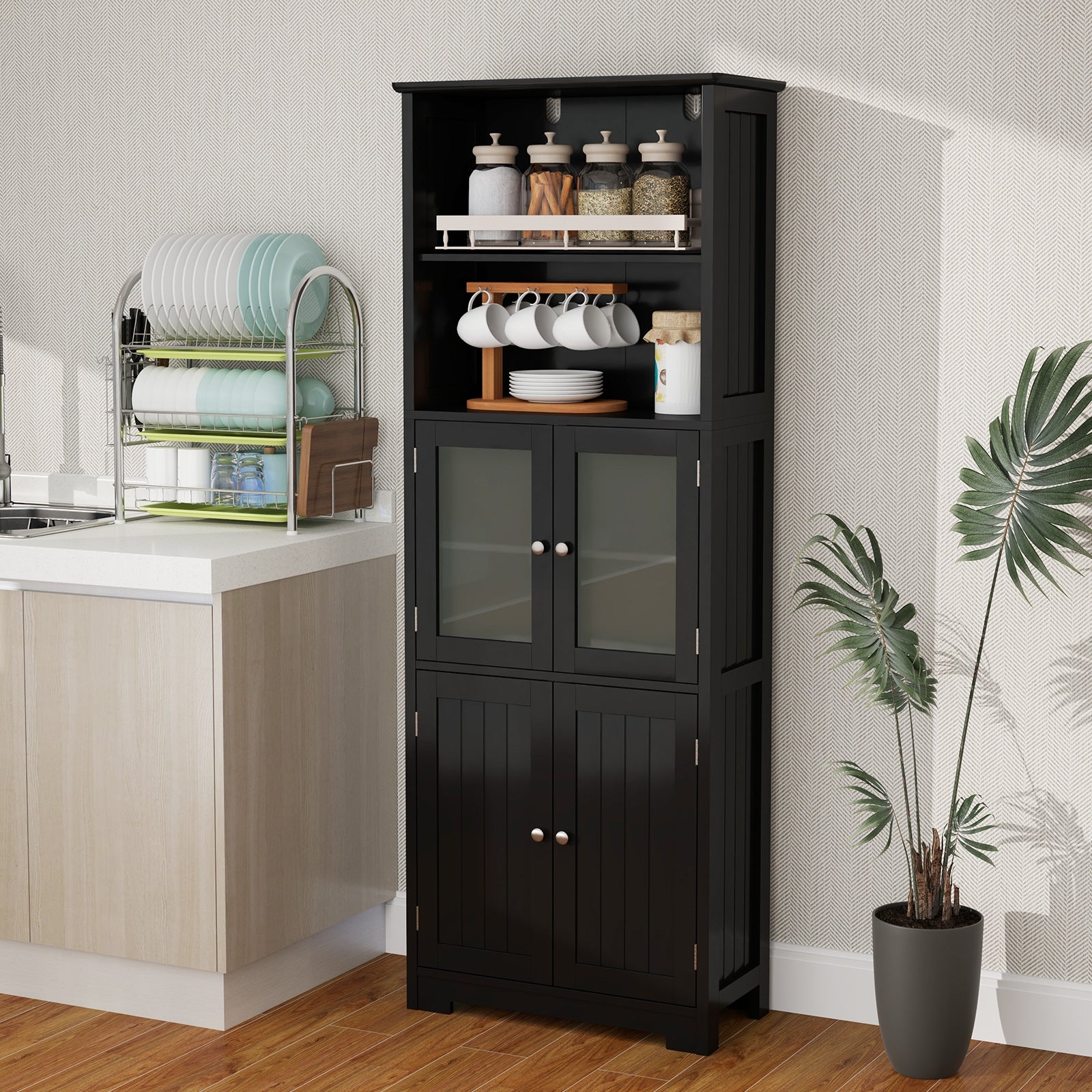 6-Tier Freestanding Bathroom Cabinet, Adjustable Shelves, Black Floor Cabinets at Gallery Canada