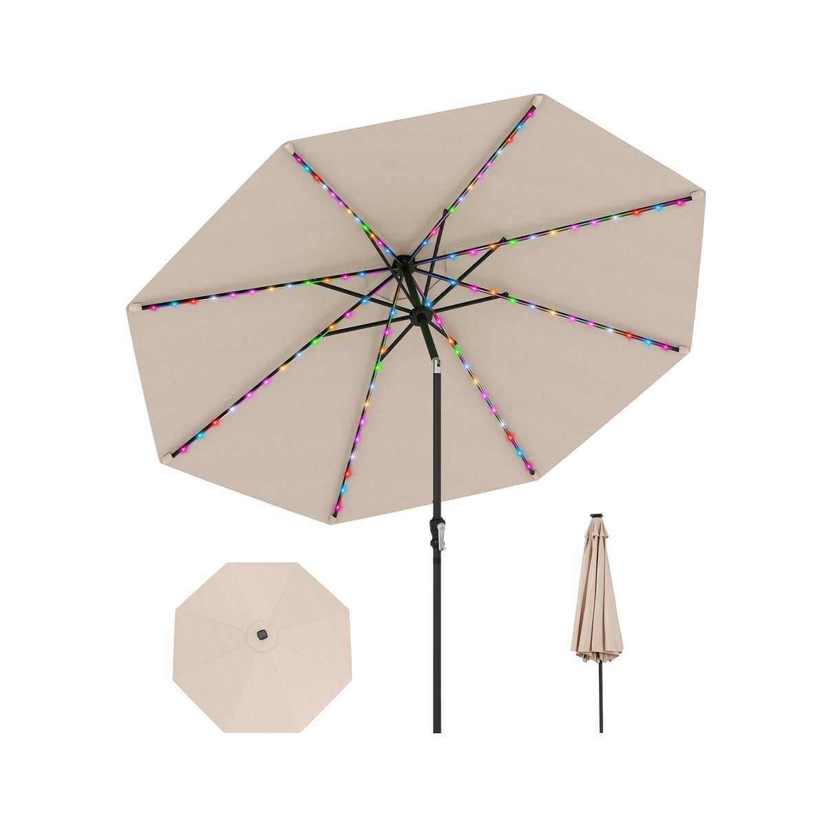 10 Feet Solar Patio Umbrella, 96 LED Lights, Tilt Adjustment, Beige Outdoor Umbrellas at Gallery Canada
