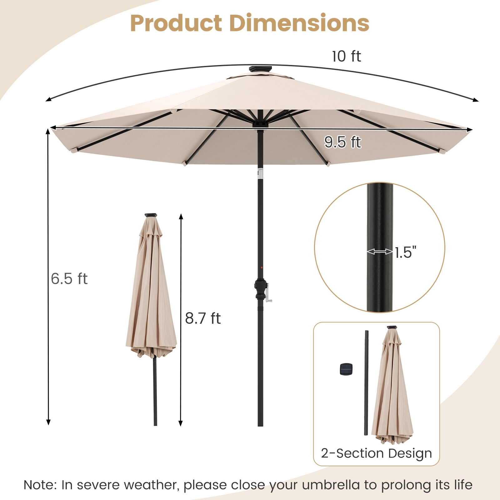 10 Feet Solar Patio Umbrella, 96 LED Lights, Tilt Adjustment, Beige Outdoor Umbrellas at Gallery Canada
