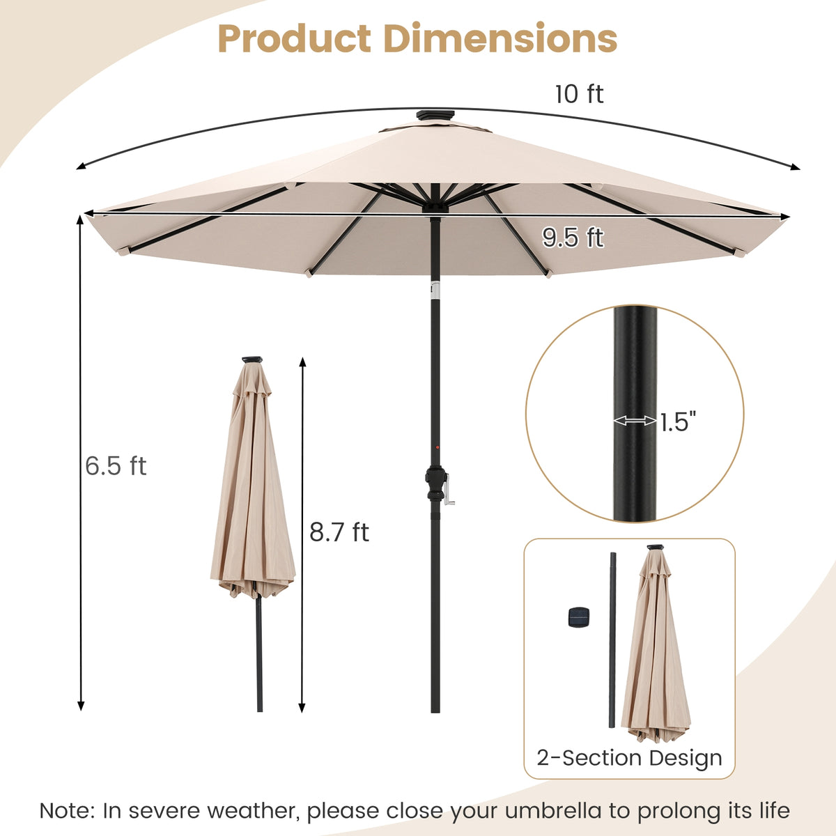 10 Feet Solar Patio Umbrella, 96 LED Lights, Tilt Adjustment, Beige Outdoor Umbrellas at Gallery Canada