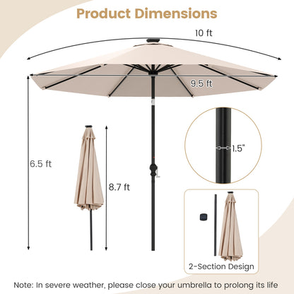 10 Feet Solar Patio Umbrella, 96 LED Lights, Tilt Adjustment, Beige Outdoor Umbrellas at Gallery Canada