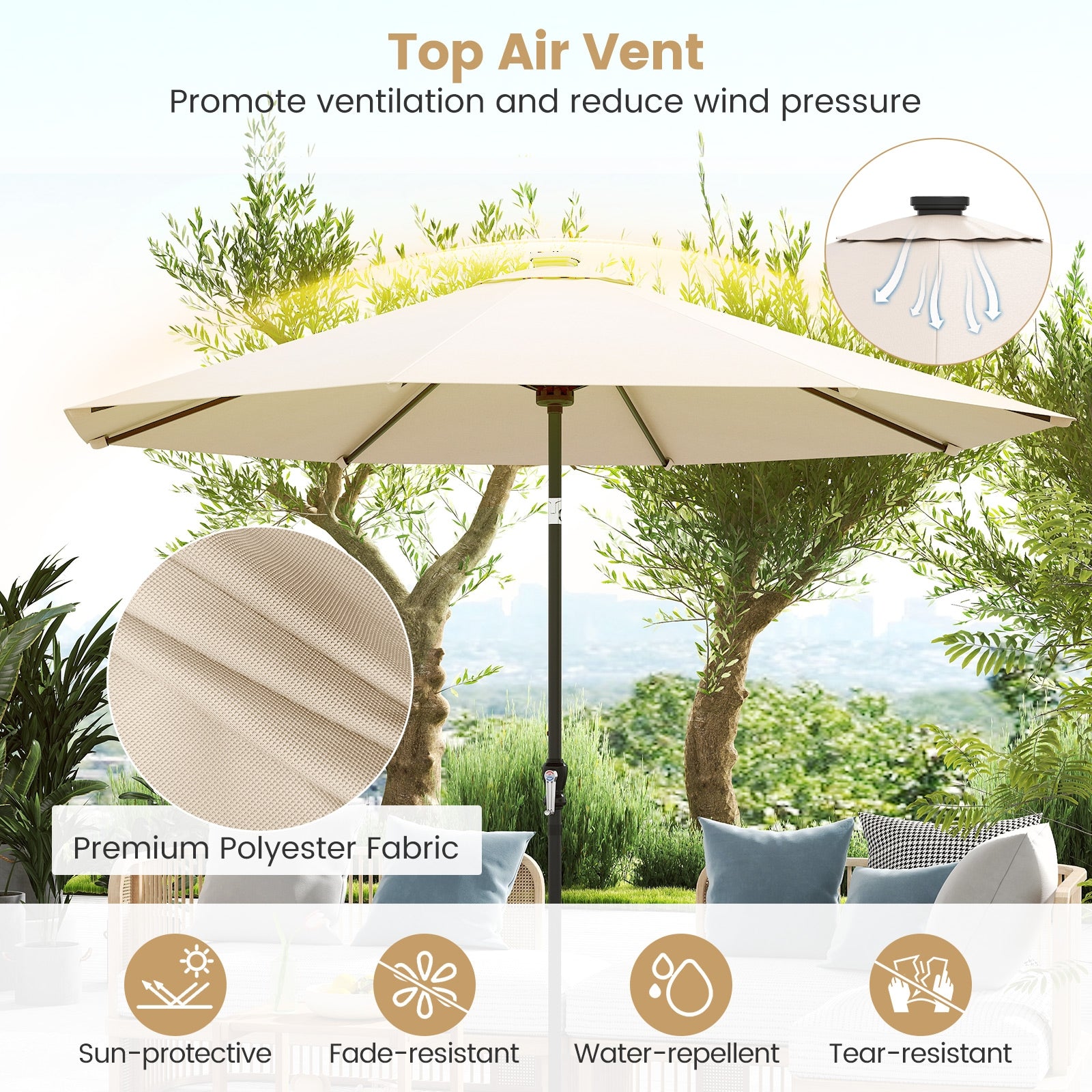 10 Feet Solar Patio Umbrella, 96 LED Lights, Tilt Adjustment, Beige Outdoor Umbrellas at Gallery Canada