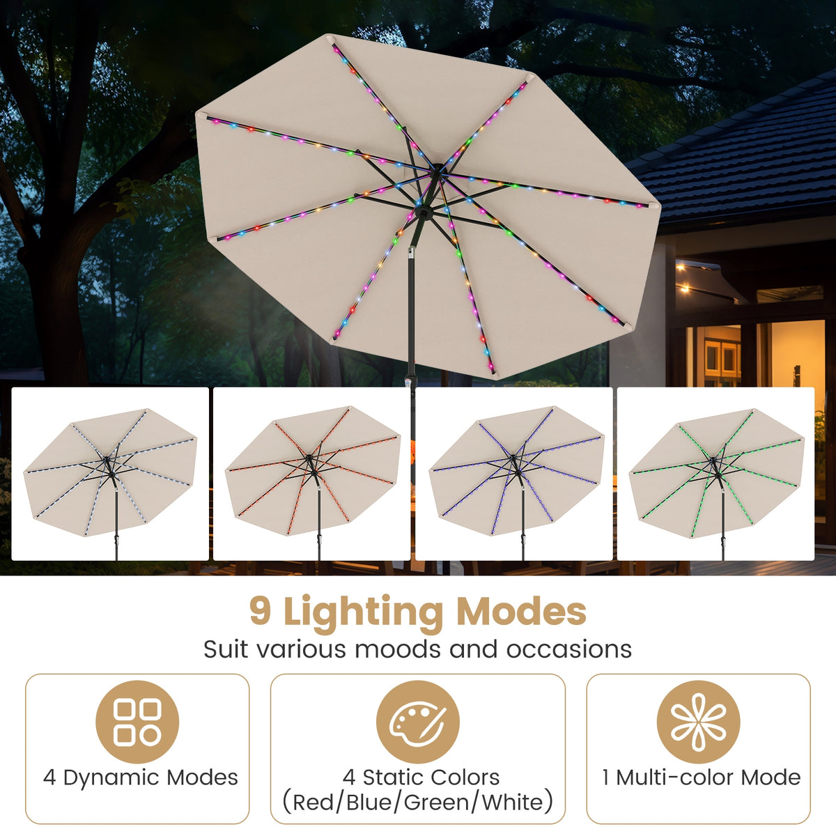 10 Feet Solar Patio Umbrella, 96 LED Lights, Tilt Adjustment, Beige Outdoor Umbrellas at Gallery Canada