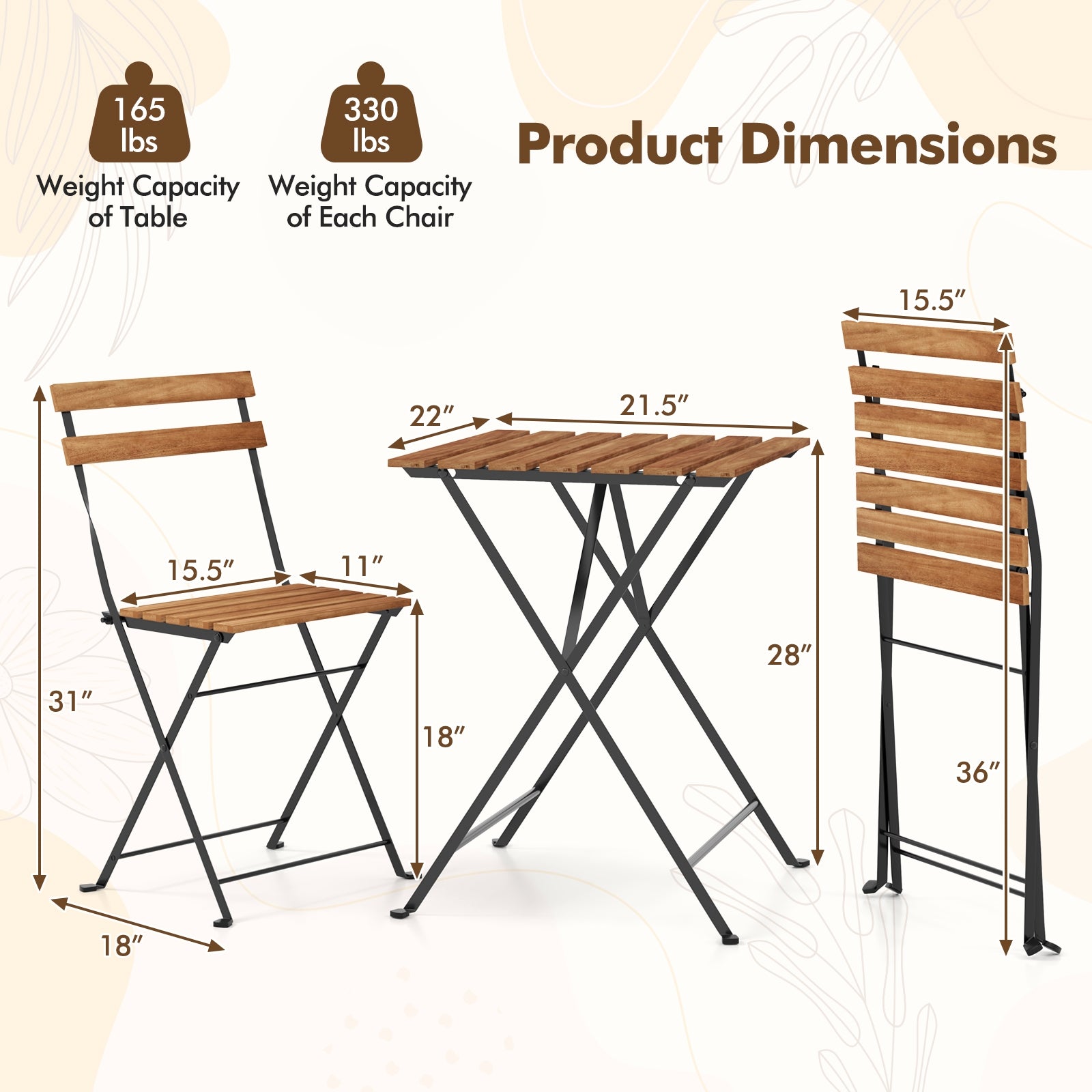 3 Piece Patio Bistro Set, Acacia Wood, Slatted Seat, Brown Patio Dining Sets at Gallery Canada
