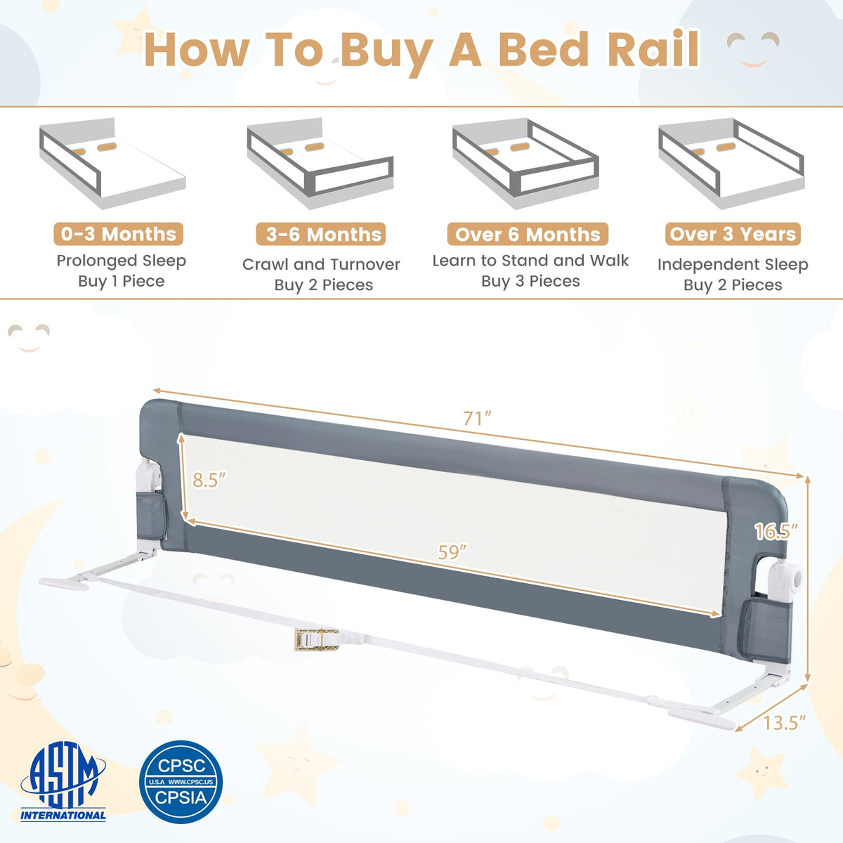 71-Inch Foldable Bed Rail, Adjustable Safety Strap, Gray Bed Rails at Gallery Canada