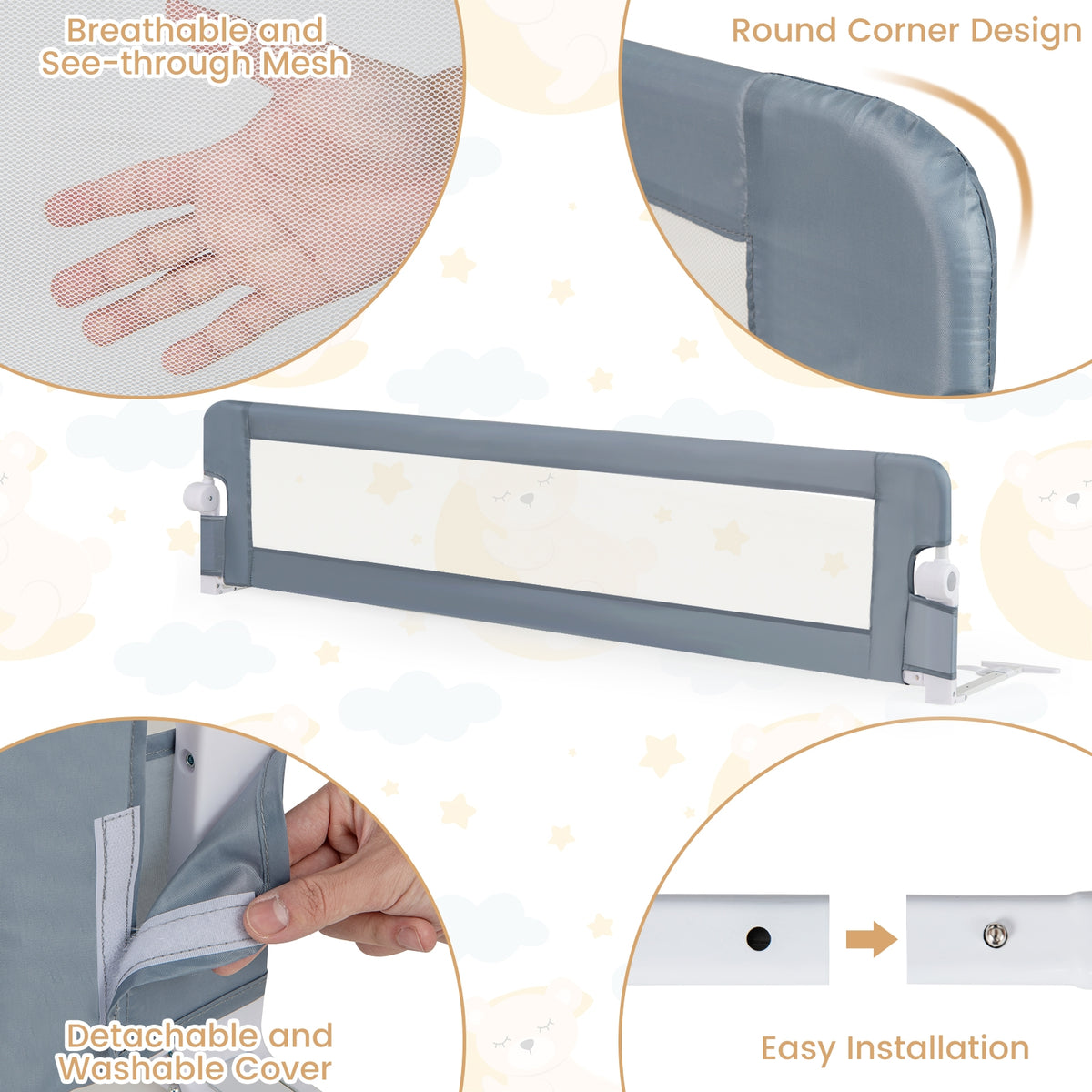 71-Inch Foldable Bed Rail, Adjustable Safety Strap, Gray Bed Rails at Gallery Canada