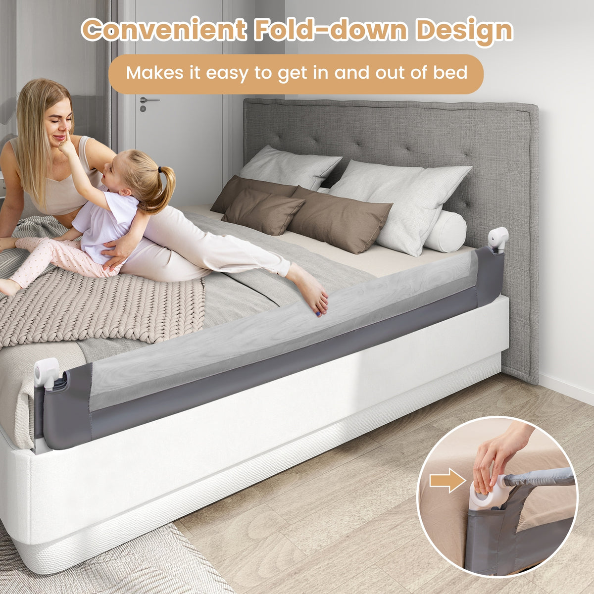 71-Inch Foldable Bed Rail, Adjustable Safety Strap, Gray Bed Rails at Gallery Canada