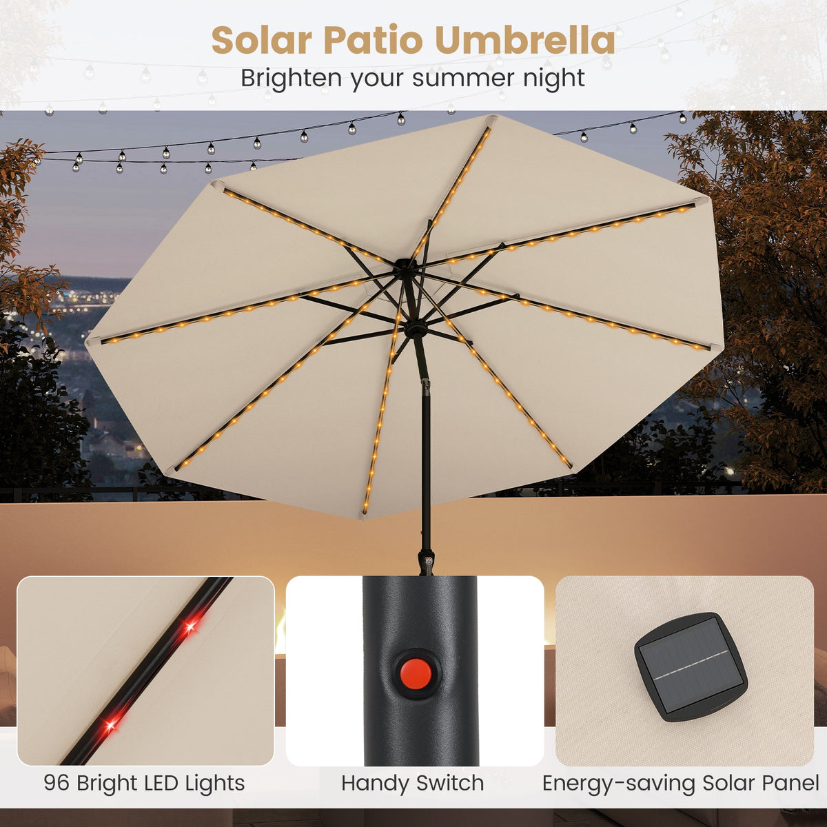 10 Feet Solar Patio Umbrella, 96 LED Lights, Tilt Adjustment, Beige Outdoor Umbrellas at Gallery Canada