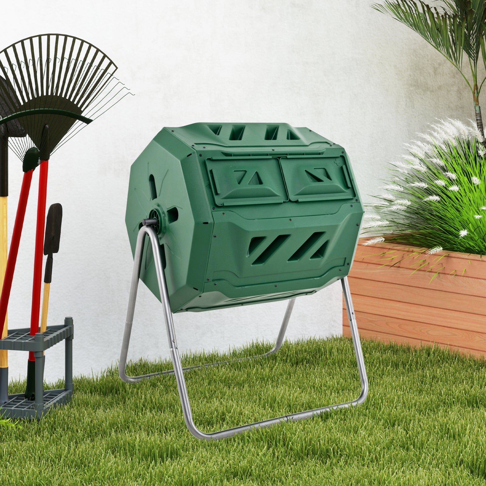 43 Gallon Rotating Compost Bin, Dual Chamber, Sliding Doors, Green Garden Tools at Gallery Canada