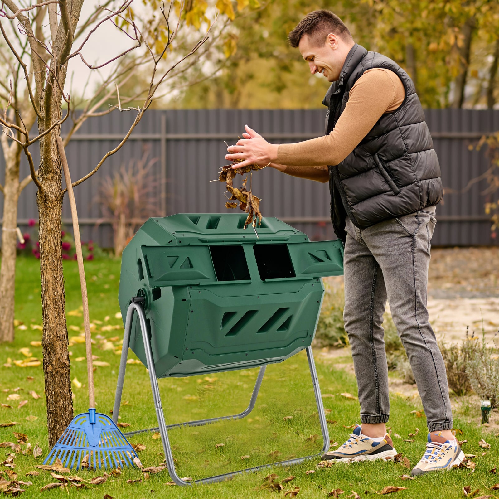 43 Gallon Rotating Compost Bin, Dual Chamber, Sliding Doors, Green Garden Tools at Gallery Canada