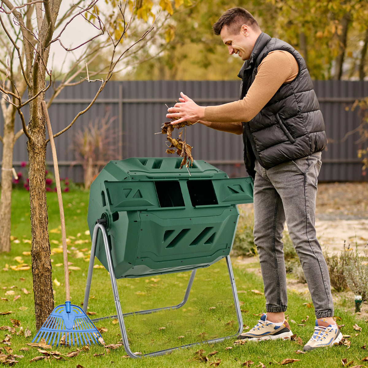 43 Gallon Rotating Compost Bin, Dual Chamber, Sliding Doors, Green Garden Tools at Gallery Canada