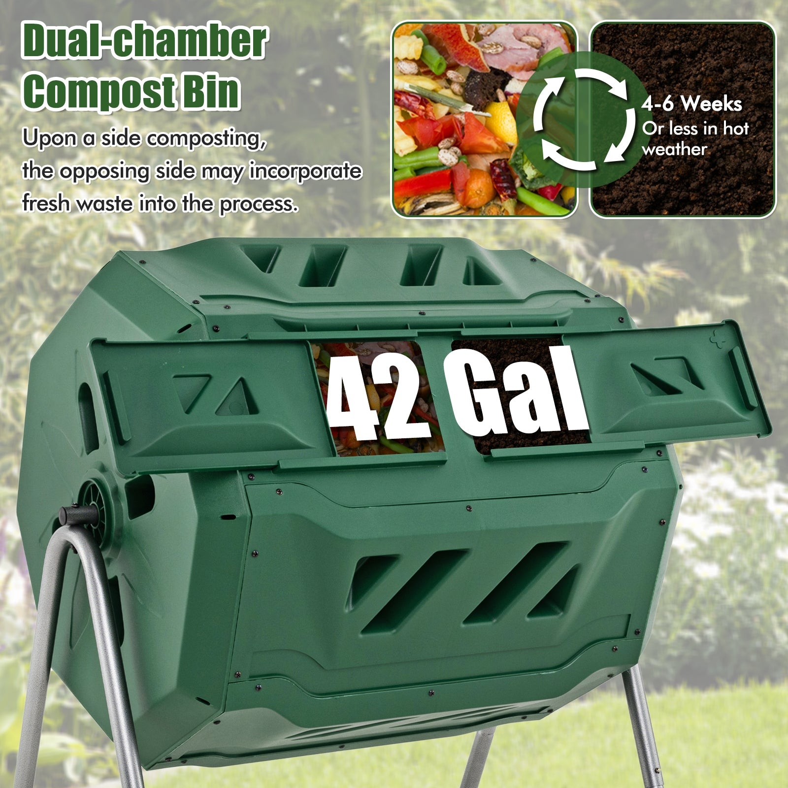 43 Gallon Rotating Compost Bin, Dual Chamber, Sliding Doors, Green Garden Tools at Gallery Canada
