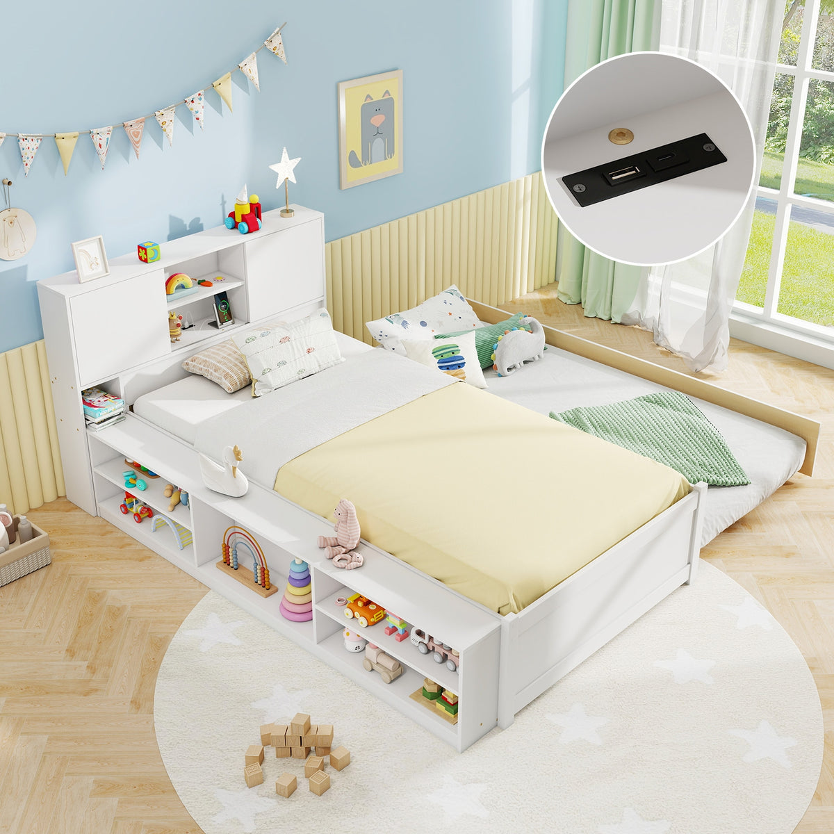 Twin Bed Frame With Trundle, Power Outlets, White Trundle Bed Frame at Gallery Canada