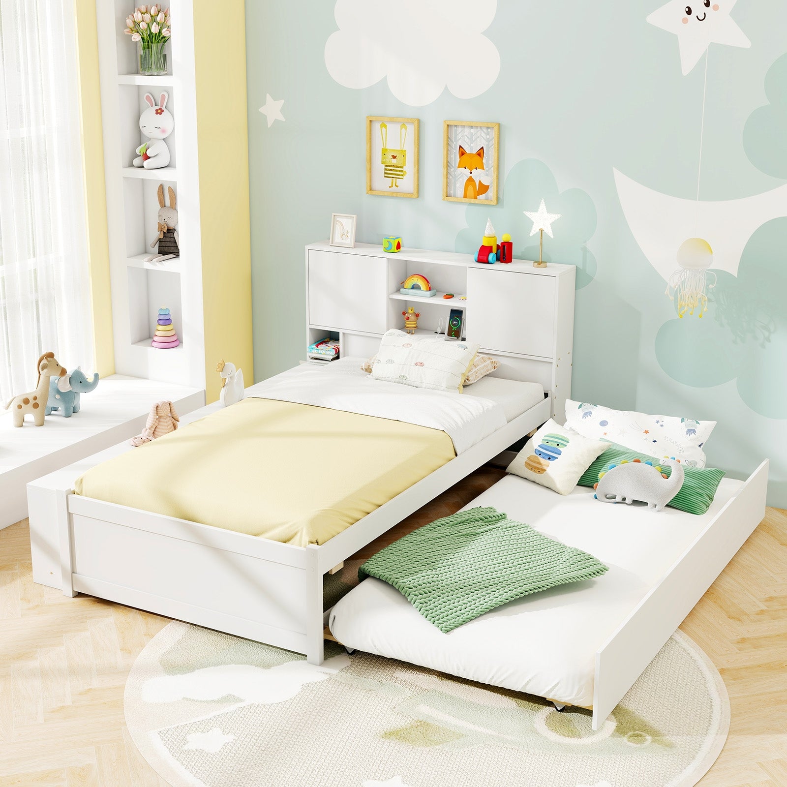 Twin Bed Frame With Trundle, Power Outlets, White Trundle Bed Frame at Gallery Canada