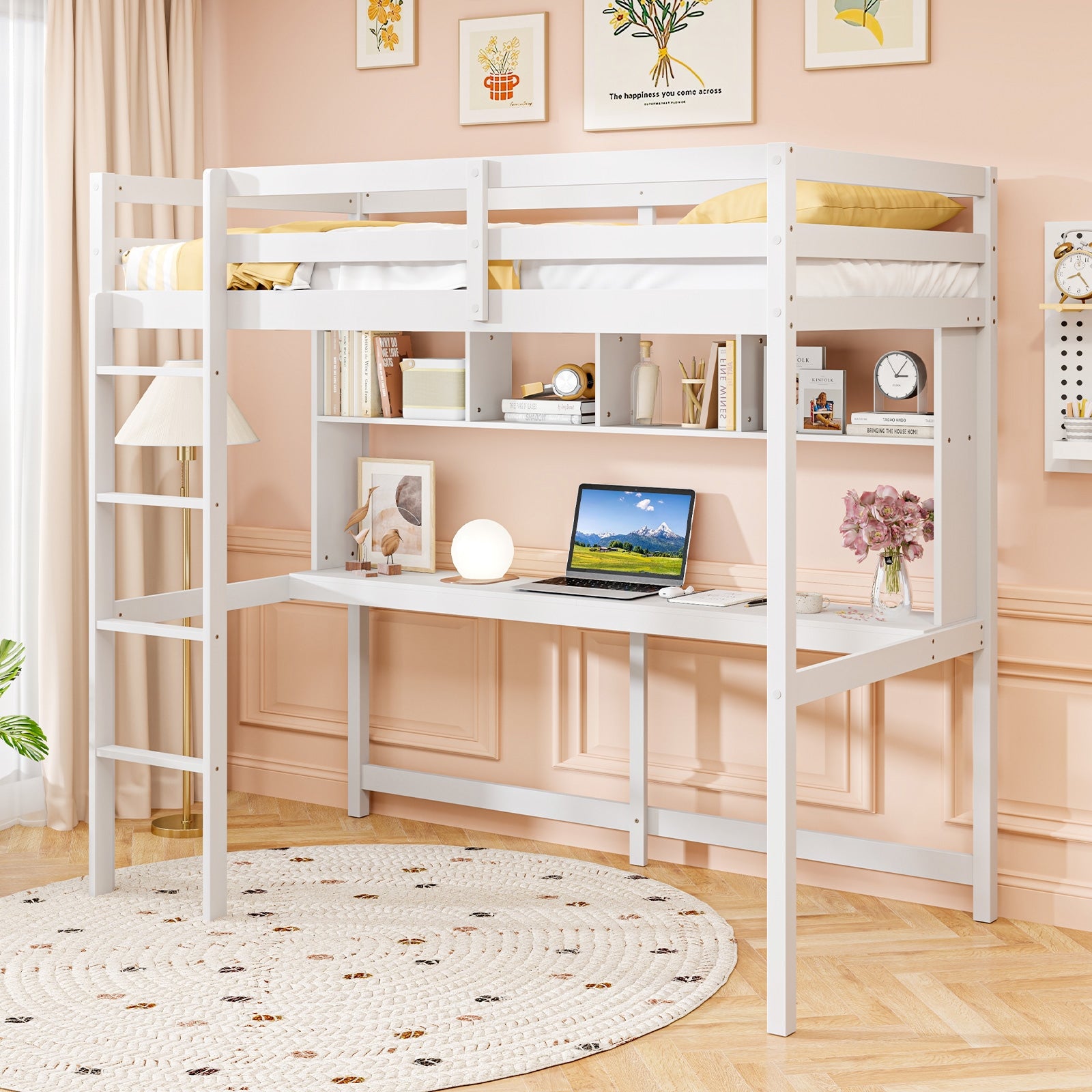 Twin Size Loft Bed With Desk, Shelves, White Simple Bed Frame at Gallery Canada