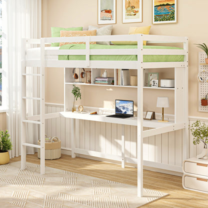 Twin Size Loft Bed With Desk, Shelves, White Simple Bed Frame at Gallery Canada