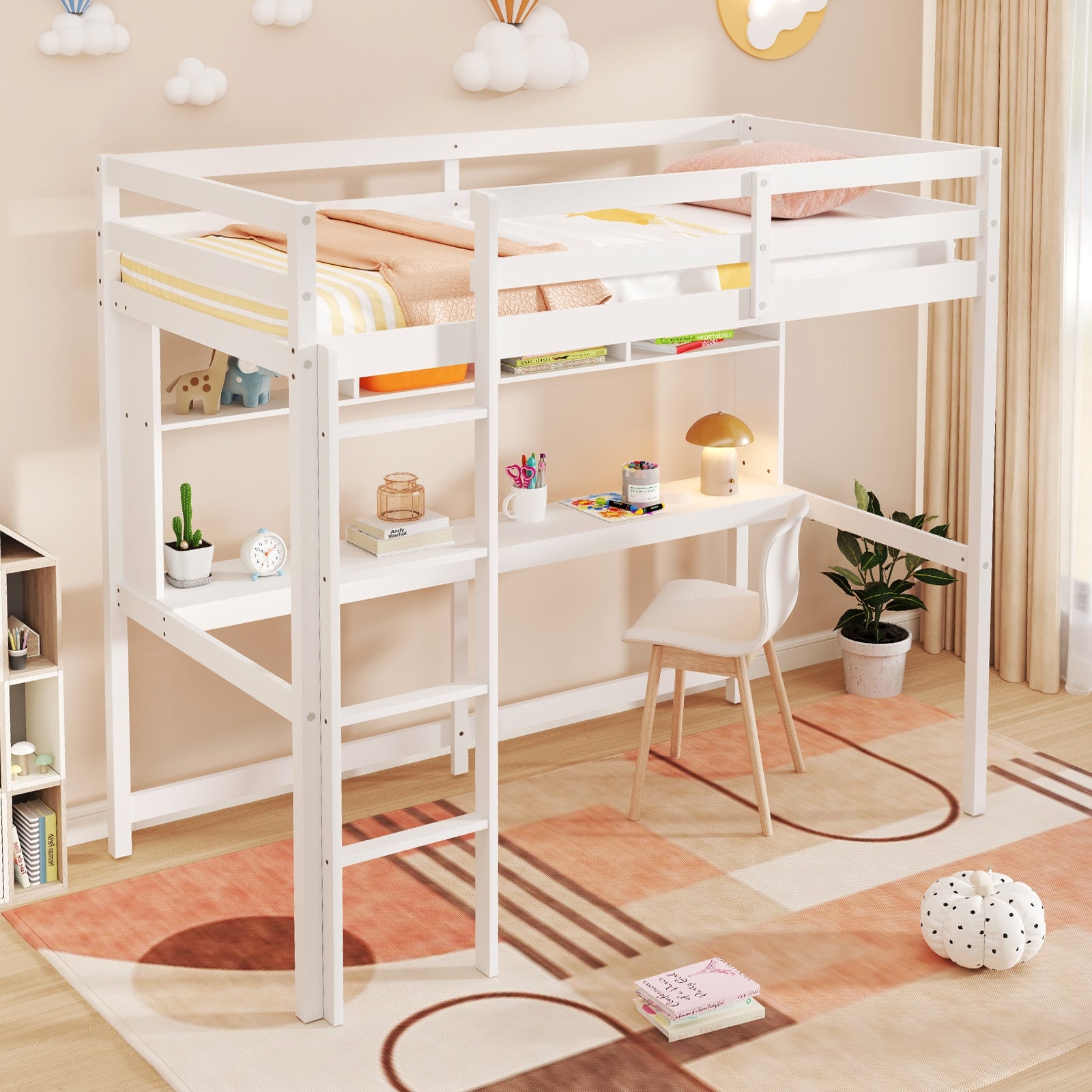 Twin Size Loft Bed With Desk, Shelves, White Simple Bed Frame at Gallery Canada