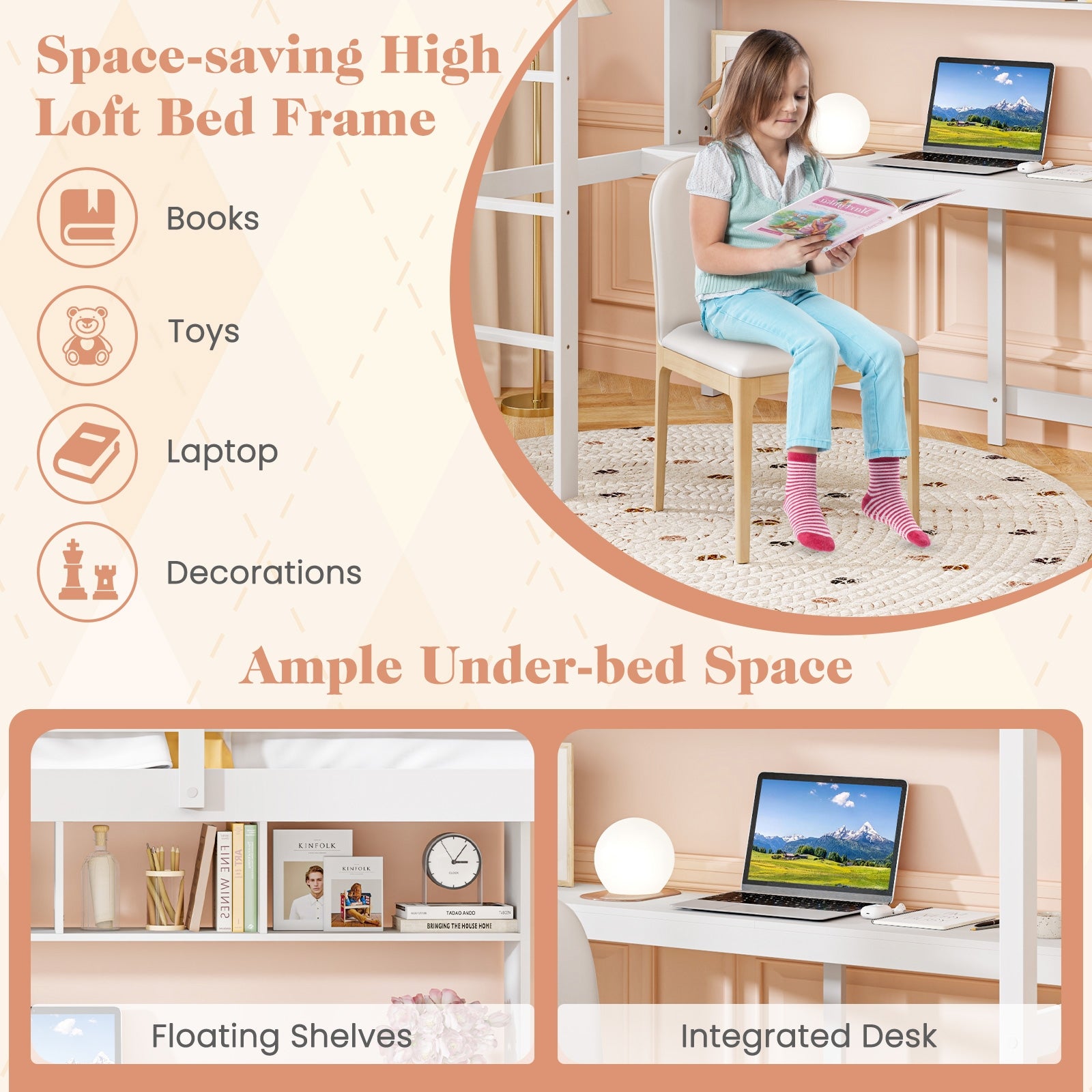 Twin Size Loft Bed With Desk, Shelves, White Simple Bed Frame at Gallery Canada