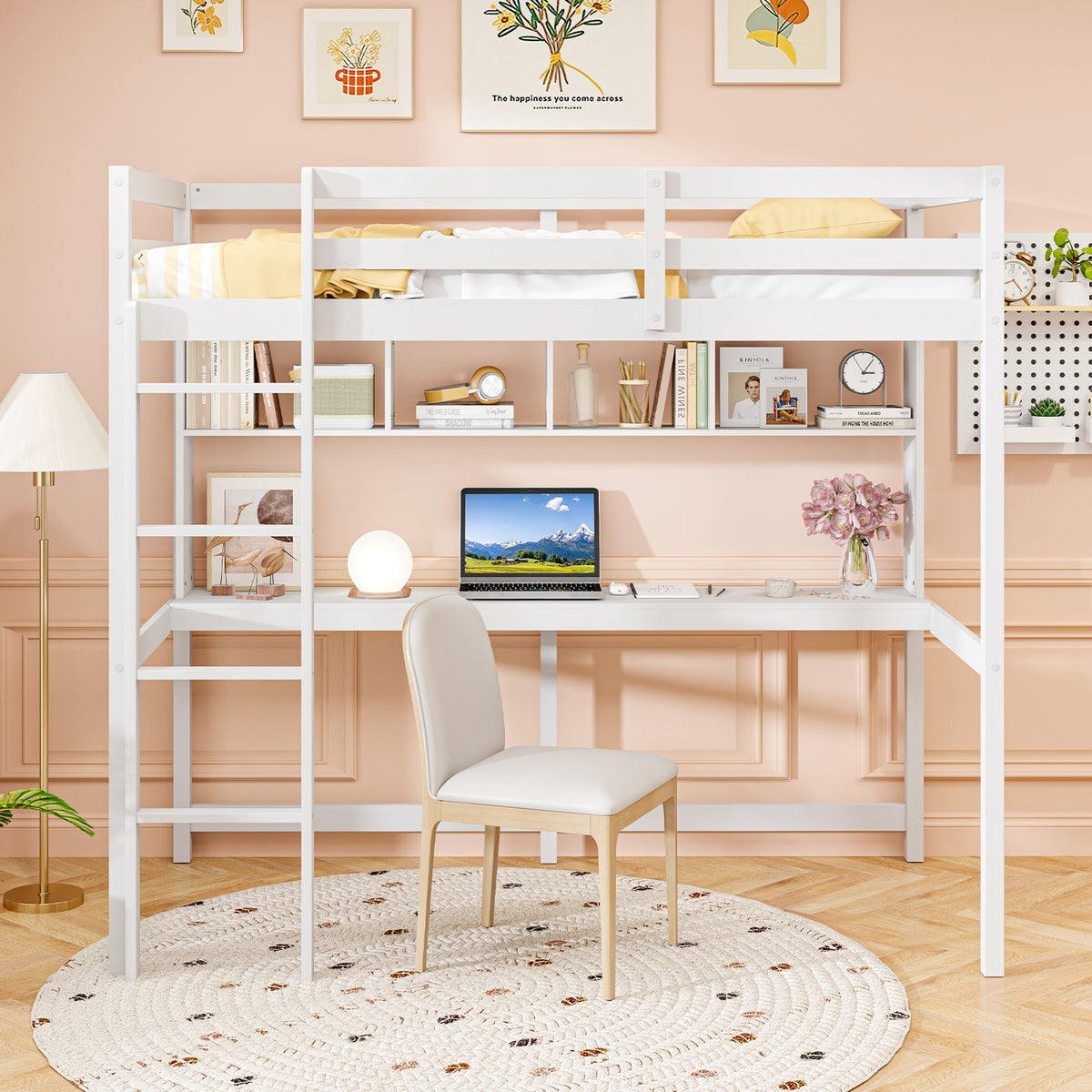 Twin Size Loft Bed With Desk, Shelves, White Simple Bed Frame at Gallery Canada