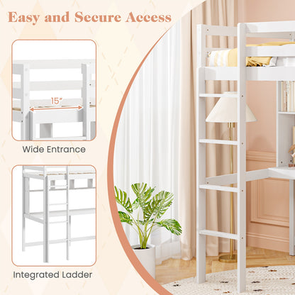 Twin Size Loft Bed With Desk, Shelves, White Simple Bed Frame at Gallery Canada